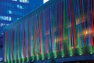 In addition to the wide range of color choices, which include bright metallic hues, paint finishes provide an attractive smooth appearance. This aluminum shading device is from a piece of public art by artist Julian Stanczak, at Fifth Third Bank headquarters in Cincinnati, Ohio. Photo courtesy Akzo Nobel