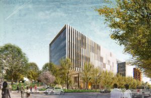 University of Washington’s Population Health Facility (PHF) in Seattle creates a dynamic façade with vertical glass fins. Image courtesy Miller Hull