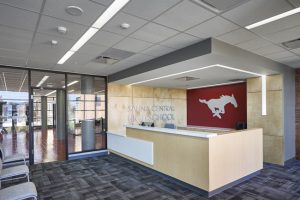Salina Central High School in Salina, Kansas, used new stone wool ceiling systems to overcome acoustical challenges. Photo courtesy Rockfon