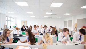 In speech rooms such as classrooms, the volume should be as small as practically possible and high-performing sound-absorptive ceilings must be used to decrease noise and reverberation, making speech highly intelligible. Photo courtesy Hannah Hodsman and Phil Boman