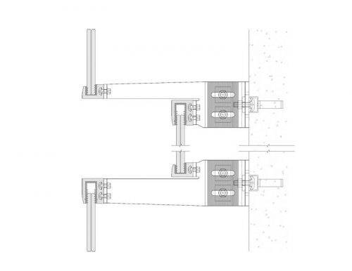 T-profiles connect the concrete embeds and steel plates. The glass fittings attach to the steel plates through engineered stainless bolts. Components are serrated to securely lock into place. Image courtesy Bendheim