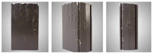 Figure 1: Powder-coated aluminum extrusions exposed on a building for two years in a coastal region in South Florida show filiform corrosion on cut edges, recesses and punched fastener holes.