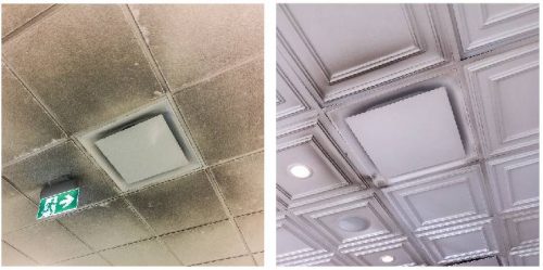 Figure 5: Commonly used mineral fiber acoustic ceiling panels are difficult to clean and can disfigure. Thermoformed acoustic ceiling panels
