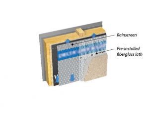 Illustration of stucco installed over a rainscreen with pre-installed fiberglass lath.