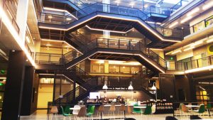 Tech giant Amazon utilized custom-designed architectural railings to complement the contemporary open-concept style of its East Palo Alto, California, office. Photo courtesy Rowe Fenestration Inc.