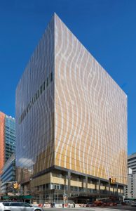 The NewYork-Presbyterian David H. Koch Center, New York City, creates a presence on Manhattan’s Upper East Side with its wood screen and glazed façade. Photo courtesy Albert Vecerka/ESTO