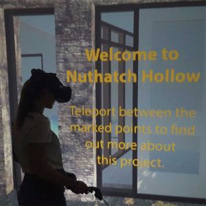 Bright text introduces the virtual reality (VR) visitor to the project, provides user instruction, and highlights performative features of the building. Image © Amber Bartosh