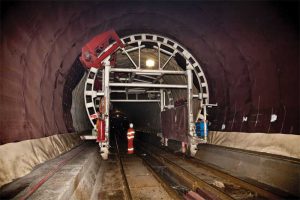 The world’s longest tunnel, the Gotthard Base Tunnel located in Switzerland, is a double-shell underpass with a combination of waterproofing system and drainage layer between the shotcrete outer shell and the concrete inner shell. Images courtesy DöDörken Systemswidth=
