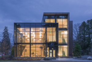 Bowdoin College’s Roux Center for the Environment, Brunswick, Maine, utilized silicone-glazed, fire-rated steel curtain wall to create transparency and promote occupant well-being. Photo © Jeff Goldberg/Esto. Photo courtesy Technical Glass Products