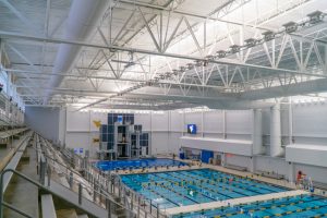Fabric duct was used for the $48-million Aquatic Center at Mylan Park, Morgantown, West Virginia, to cut HVAC material and labor costs and fast-track the project. Photo courtesy FabricAir Ductwork
