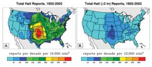 Figure 1 The entire country is subject to hail storms with more severity and frequency, as represented by the warmer colors in this diagram. Image © “The Frequency of Large Hail Over the Contiguous United States” by Joseph T. Schaefer, Jason J. Levit, Steven J. Weiss, and Daniel W. McCarthy, NOAA/NWS/NCEP/Storm Prediction Center, Norman Oklahoma, June 2009