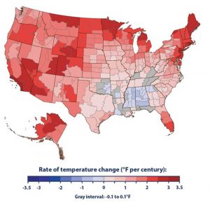 Rising temperatures are causing urban heat island effects. Image © NOAA, 2016. National Centers for Environmental Information, Accessed February 2016