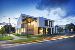 The SDH + TREO Professional Building nestled in a corner lot in North Miami Beach, Florida, was conceived as a sculptural icon. Photos courtesy SDH Studio