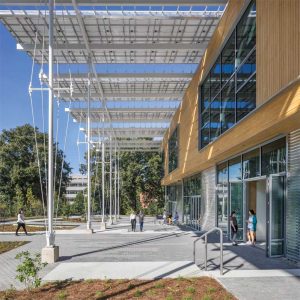 Low-VOC, Red-List-free coatings, like those used on the Kendeda Building at Georgia Tech University, are available to meet design and performance needs for sustainable building initiatives.