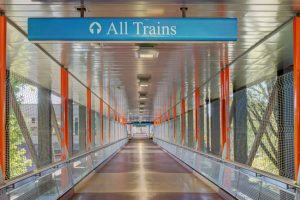 The Metropolitan Atlanta Rapid Transit Authority’s (MARTA’s) Inman Park/Reynoldstown station, Atlanta, Georgia, was revitalized with metal ceiling systems. Photo © Terry Wieckert/Abstract Photography. Photo courtesy Rockfon