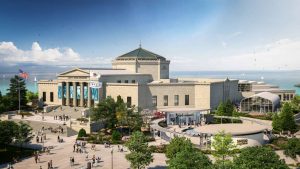Aerial view exterior rendering of the Shedd Aquarium.