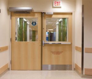 The photo shows a door in a hospital. Photo courtesy The Builders Hardware Manufacturers Association (BHMA).