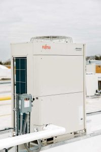 A variable refrigerant flow (VRF) system capable of servicing 250-m2 of office space.