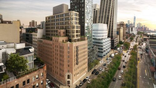 rendering of a high rise terra cotta building on the corner of a busy street