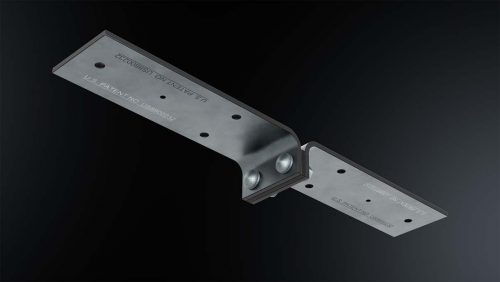 A close-up 3D render of a patented metal structural connector with a bent design, featuring multiple bolt holes and embossed patent number US8800232 on a dark background.