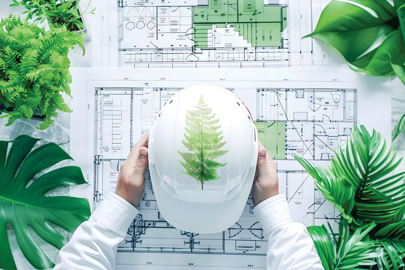 A person wearing a white hard hat with a leaf design examines architectural plans surrounded by green plants.