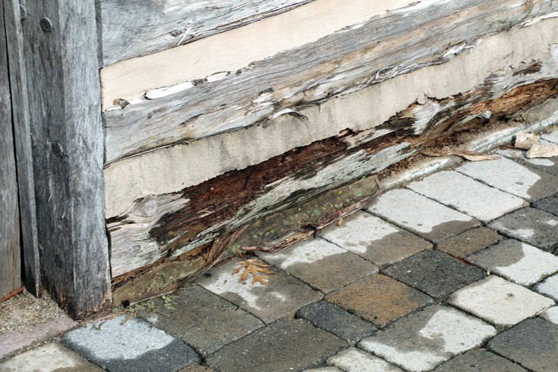 Weathered wooden wall with peeling paint, showing rot at the base, adjacent to a textured stone pathway.