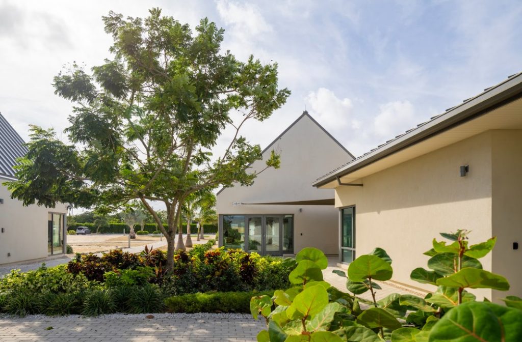 A modern house with a sloped roof, surrounded by greenery and a landscaped garden, under a bright blue sky.