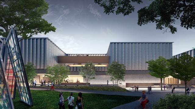 Modern architectural rendering of a building surrounded by greenery, with people walking and cycling in the foreground.