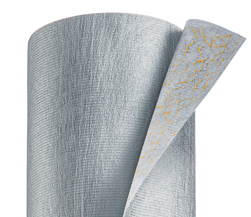 Textured silver wallpaper with a subtle sheen, partially unrolled to reveal a delicate gold pattern underneath.
