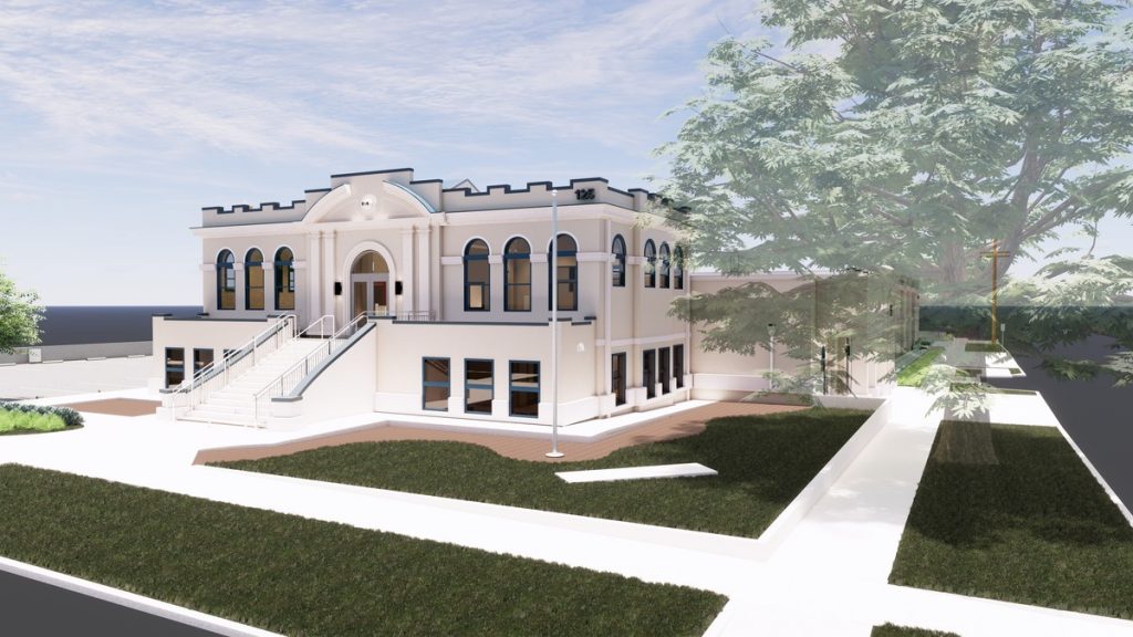 Architectural rendering of a modern building with an ornate facade, featuring large windows, steps, and landscaped grounds.