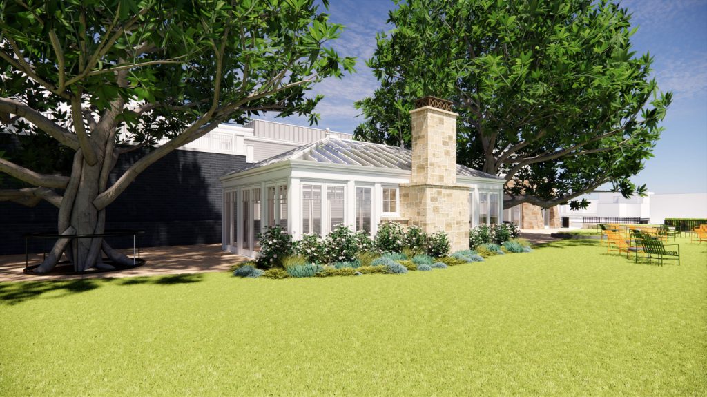 A digital rendering of the new hotel featuring lush greenery and modern landscaping elements.
