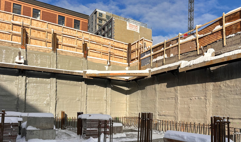 Liquid blowing agent technology and a waterproofing foundation coating.