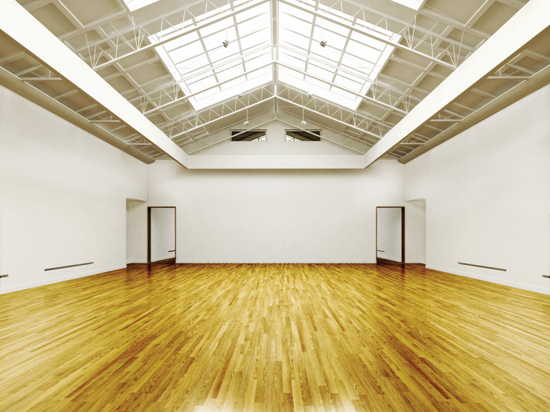 Spacious, airy room with polished wooden floors, white walls, and a skylight roof, featuring two doorways on the sides.