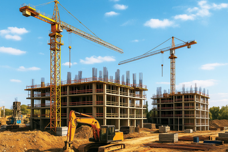 Construction site featuring two multi-story buildings under development, with cranes and heavy machinery against a blue sky.