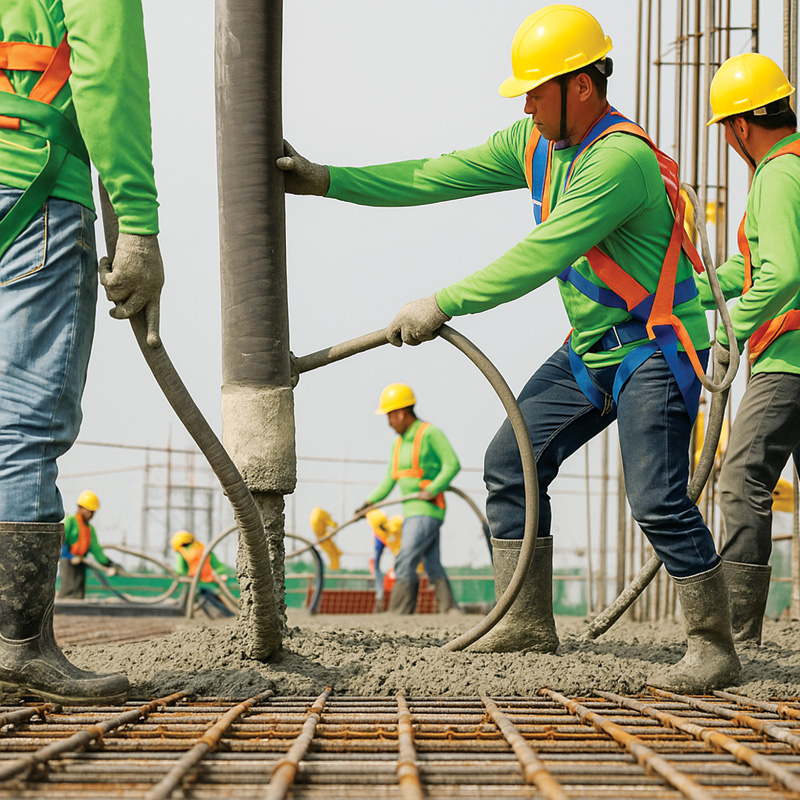 Construction workers in safety gear pour concrete from a hose, surrounded by rebar and a construction site backdrop.