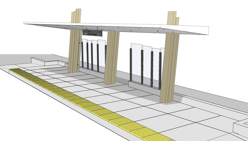 Modern bus stop design with wooden pillars, a slanted roof, glass panels, and a yellow tactile pathway for accessibility.