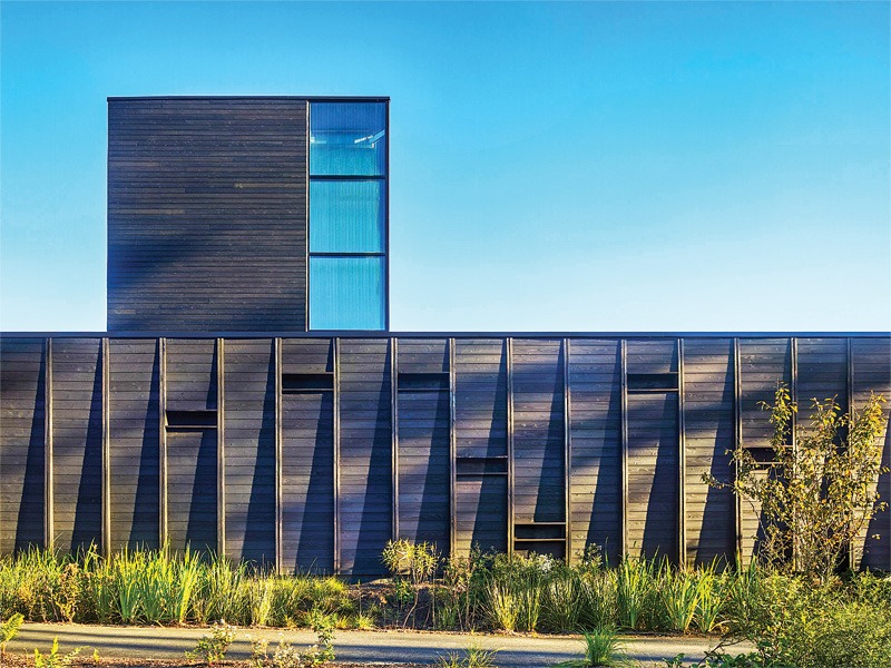 Modern wooden building with a tall, sleek tower above a textured wall, surrounded by greenery and clear blue sky.