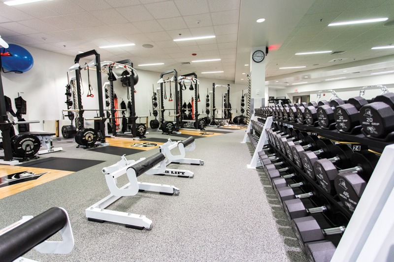 A modern gym interior featuring weightlifting equipment, dumbbells on racks, and multiple training stations for strength training.
