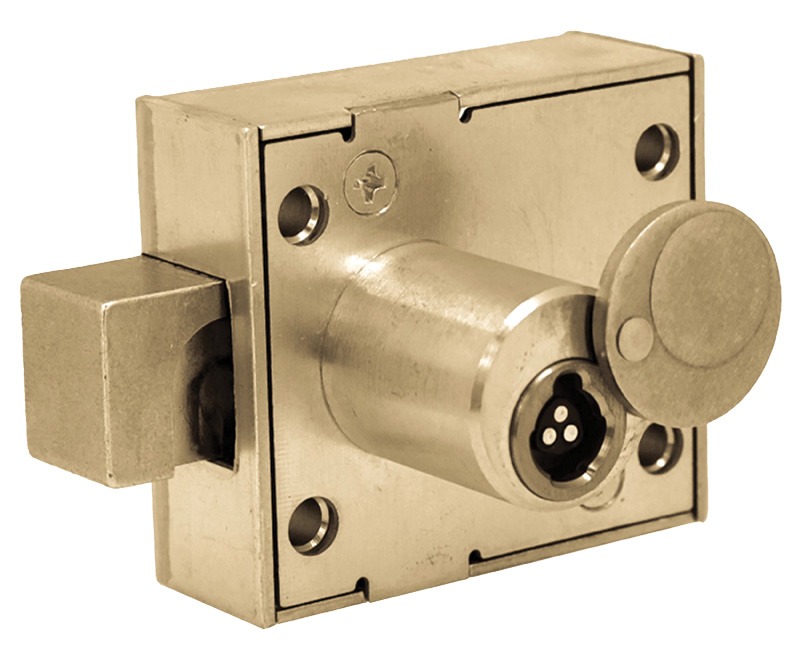 A close-up of a metallic lock cylinder with a keyhole, featuring a square bolt and round disc for security engagement.