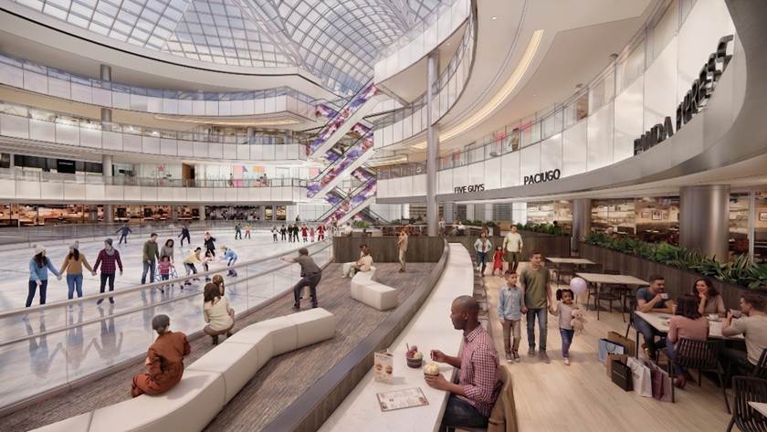 A spacious shopping mall with people dining at a café and others ice skating. The mall features multiple floors, a glass ceiling, and a lively atmosphere.
