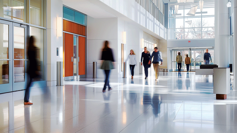 A modern lobby with large windows and high ceilings, showing people walking and conversing. The bright lighting and reflections create a welcoming atmosphere.