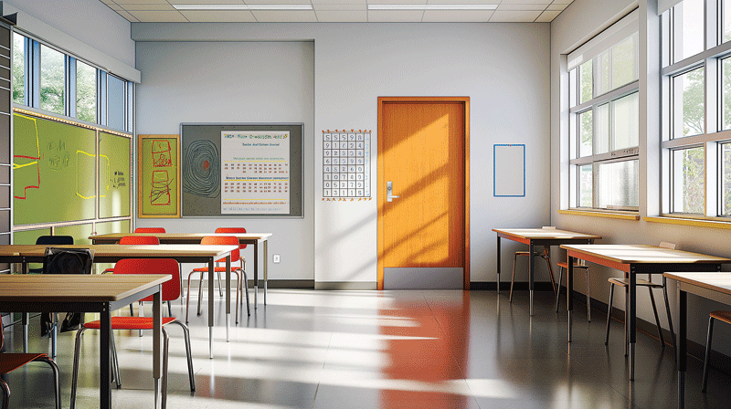 Bright classroom with sunlight streaming in through large windows. Empty desks and red chairs are neatly arranged. Educational posters hang on the walls.