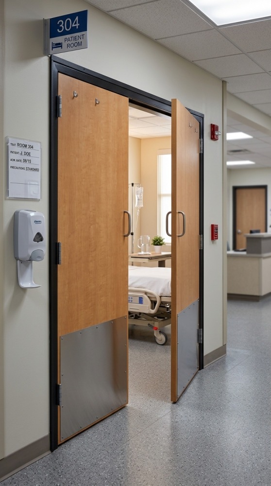 Open wooden doors reveal a hospital room with a neatly made bed and IV stand. The calm setting suggests a clean, organized healthcare environment.