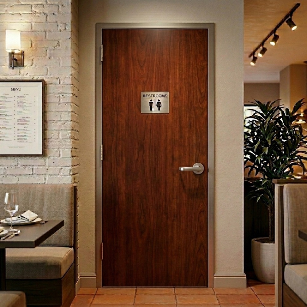 Restaurant interior showing a wooden restroom door with a sign, surrounded by cozy booth seating, a white brick wall, and warm lighting.