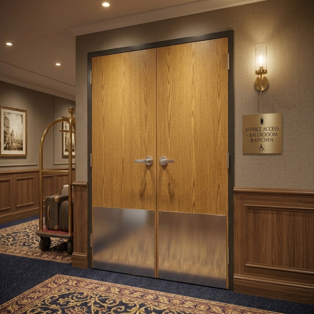 A pair of wooden doors with metal kick plates in a hotel hallway, labeled "Service Access - Ballroom & Kitchen." Nearby is a luggage cart and framed artwork.