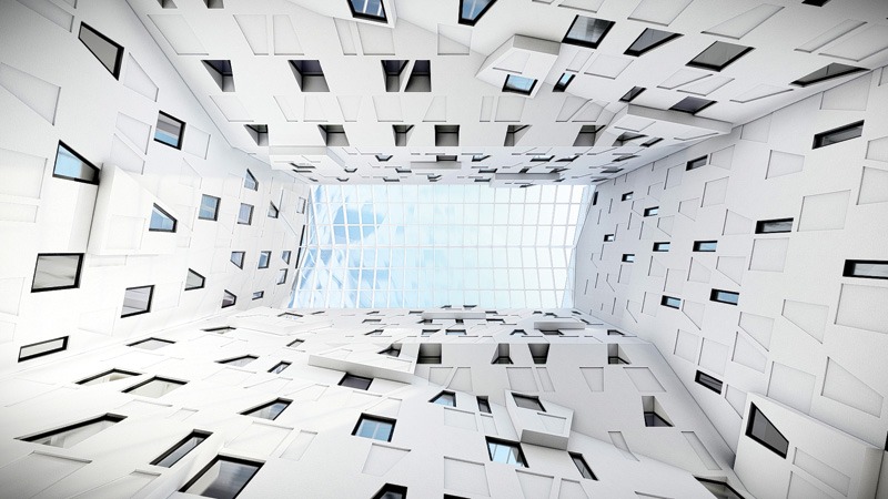 View of a modern atrium with white walls and scattered black window panes, creating a geometric pattern. The open roof shows a blue sky with clouds.