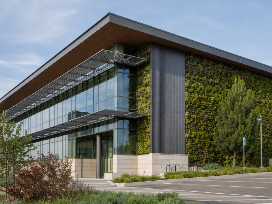 Modern eco-friendly building with a glass facade and a green living wall, surrounded by landscaped vegetation.