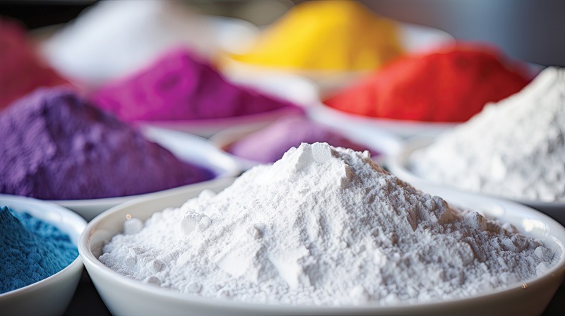 Bowls filled with vibrant colored powders, showcasing a spectrum of hues for artistic or culinary use.