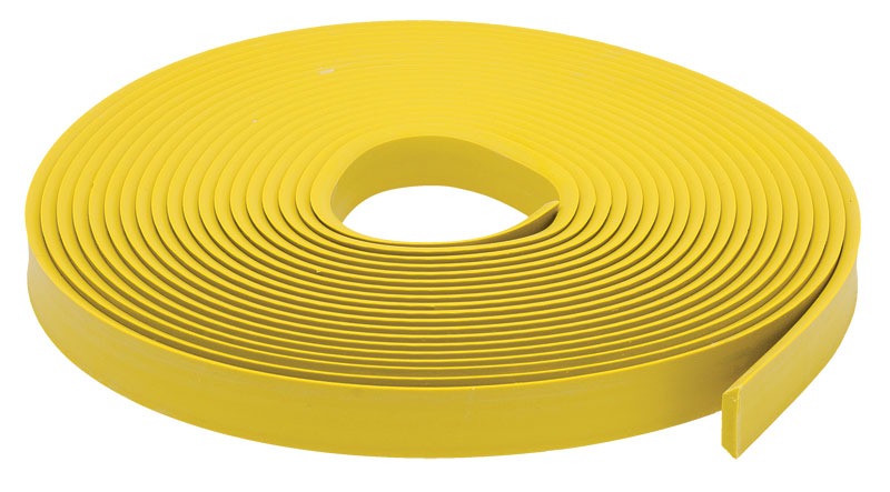 A coiled roll of bright yellow rubber material with a circular opening in the center, extending outward at one end.