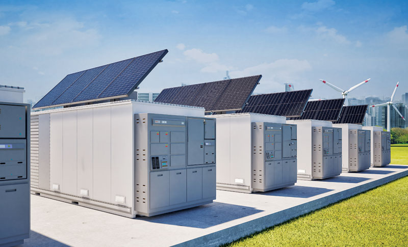 Row of energy storage containers with solar panels on top, set against a bright blue sky and green grass.